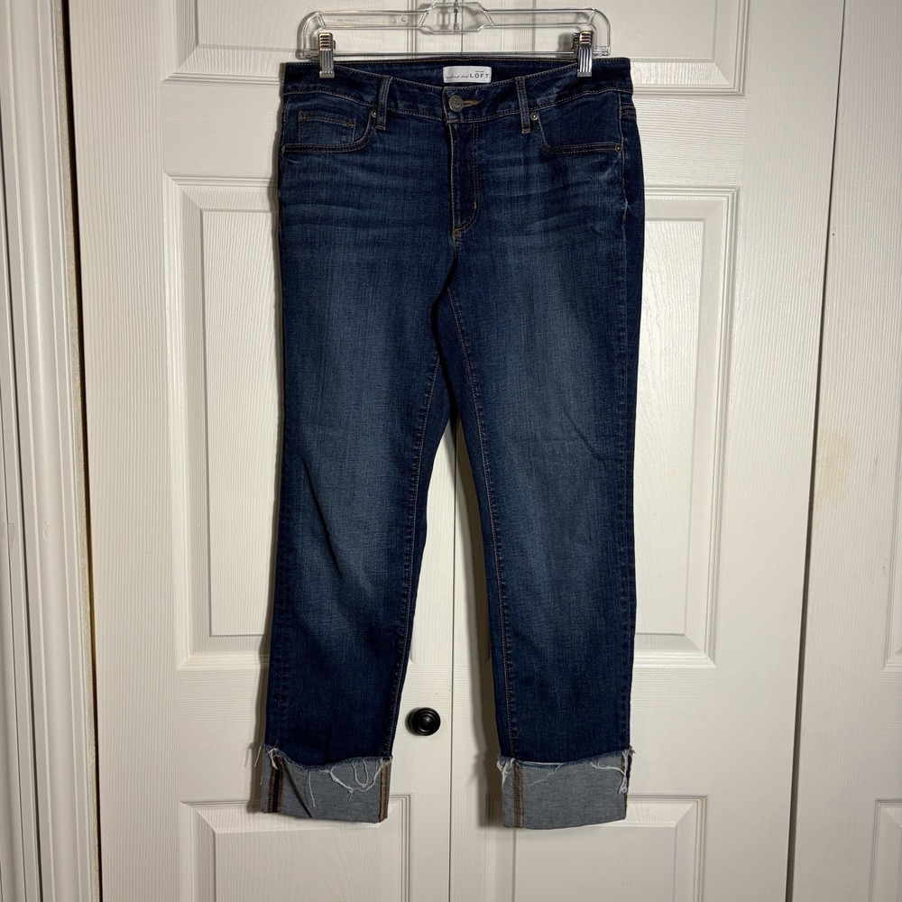 Loft Curvy Straight Jeans Women 28/6 Dark Blue Denim Mid Rise Frayed Cuffed Hem